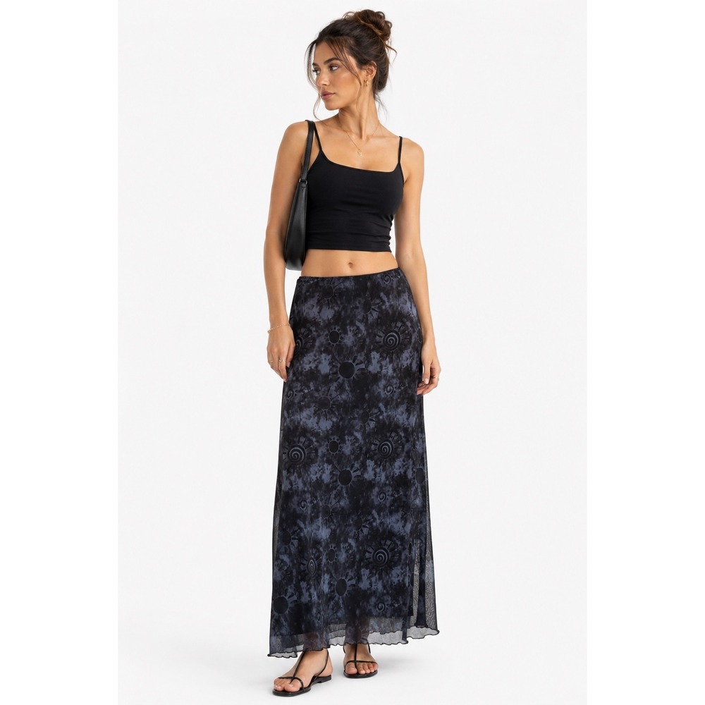 Daisy Street Mesh Maxi Skirt Womens Medium Blue Celestial Sun Print Grunge Y2K